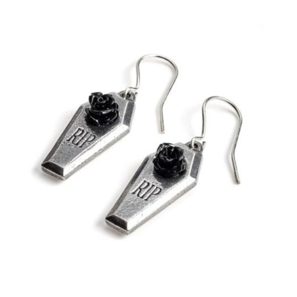 Alchemy Gothic ✦ RIP Coffin Black Rose Earrings ✦ Pewter Cross Drop Gothic NWT